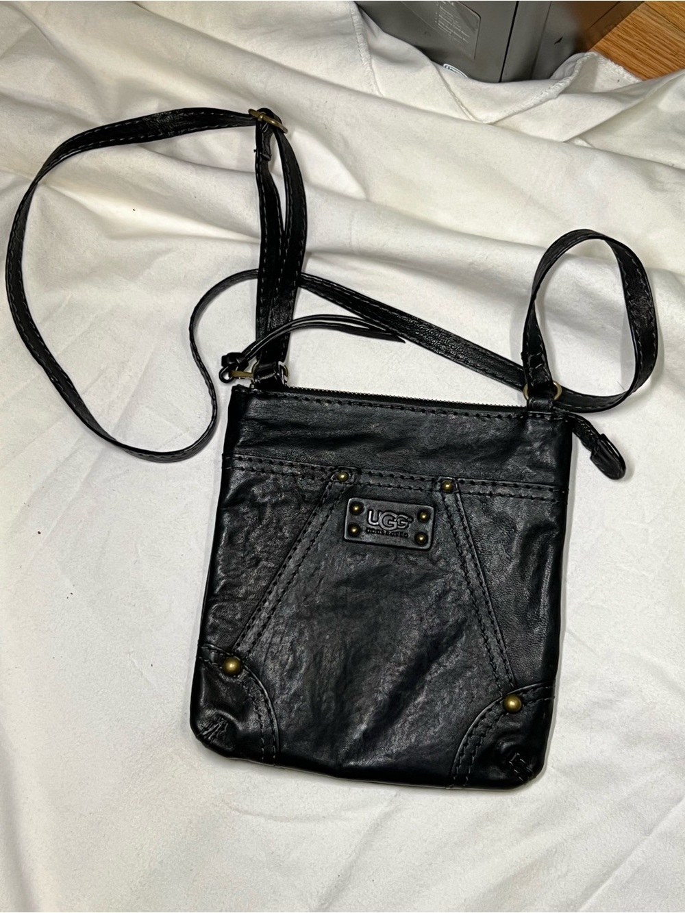 UGG Black Leather Small Crossbody Bag with Brass Studs